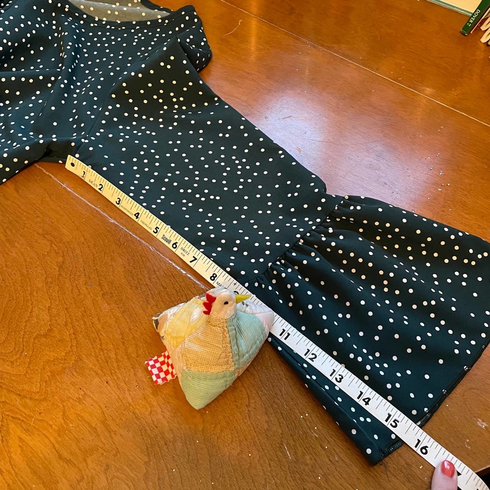 Blouse M Shein High Low Forest Green White Polka Dots Bell Sleeve Shirt - Picture 6 of 9